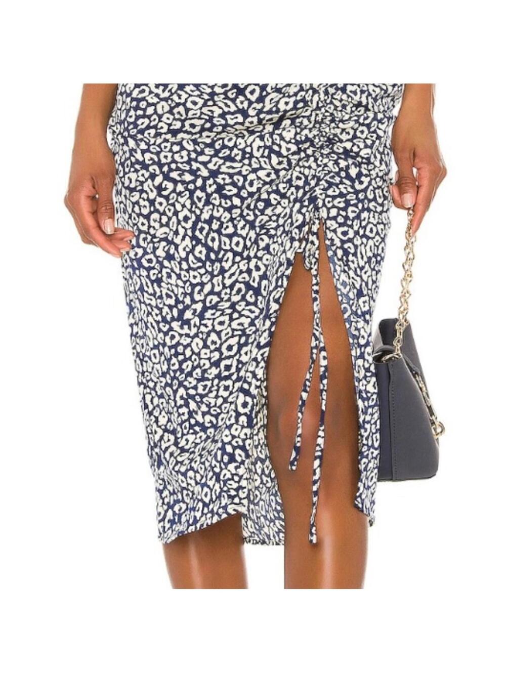 J.O.A. Cheetah Ruched midi skirt size L. Navy & Cream with adjustable slit